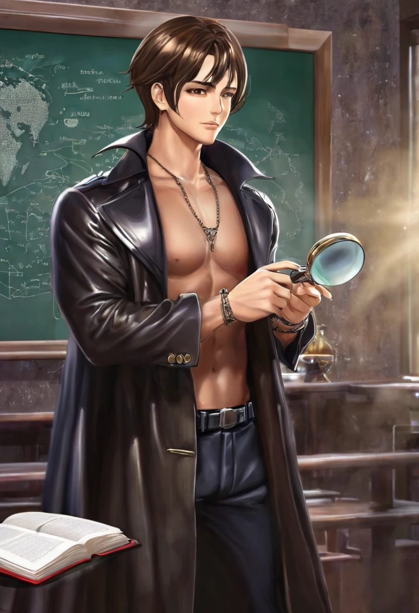 detailded. アニメ, adult gentleman with goatee chin muscular man very short hair, loose, flowing brown coat. ultra-shiny and polished bronze bracelets. cloaks covering the brown body with pen in pocket, Brown hair. brown coat under the coat. covering the entire body, handsome human male detective. Room background with ultra-gloss and polished silver table with research on a blackboard. Holding a silver ultra luster magnifying glass analyzing