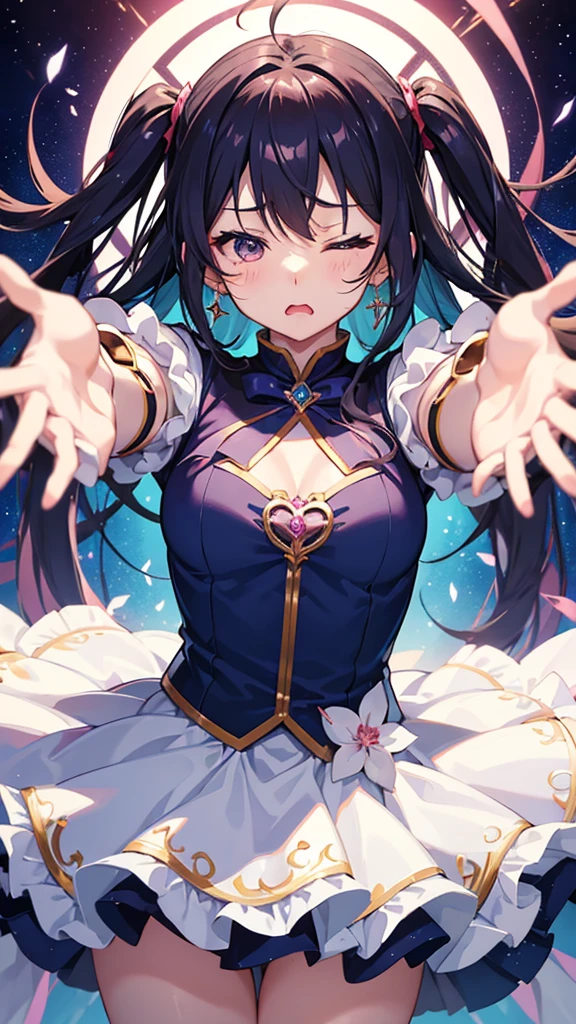 Magical girl transformation scene　Transforming　Completely naked　With arms outstretched　両Eyes closed、My hair is messy。Naughty expression。A look of desperation against the pleasure。A look of impatience。Looks like she&#39;s about to cum。Sexual climax、An expression that looks like it&#39;s about to orgasm。Eyes closed。Your face is bright red。Watery eye。　Large Breasts　Great style　　Grains of light around