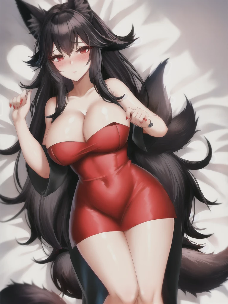 Fox ears, fox tail, mature woman, cleavage, long dress, black hair, red eyes, blush, pink blush,