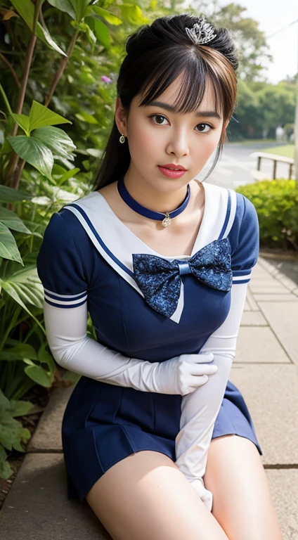 masterpiece, highest quality, High resolution, Realistic, Show more1, tiara, Sailor Warrior Uniform, Blue Skirt, Blue sailor collar, tiara, bow, Knee Boots, choker, White gloves, blue choker, elbow gloves, jewelry, Earrings, Pleated skirt, Cowboy Shot, Garden with lots of blue flowers on background, Arms above head, Angle from below, ((Showing panties:1.3))