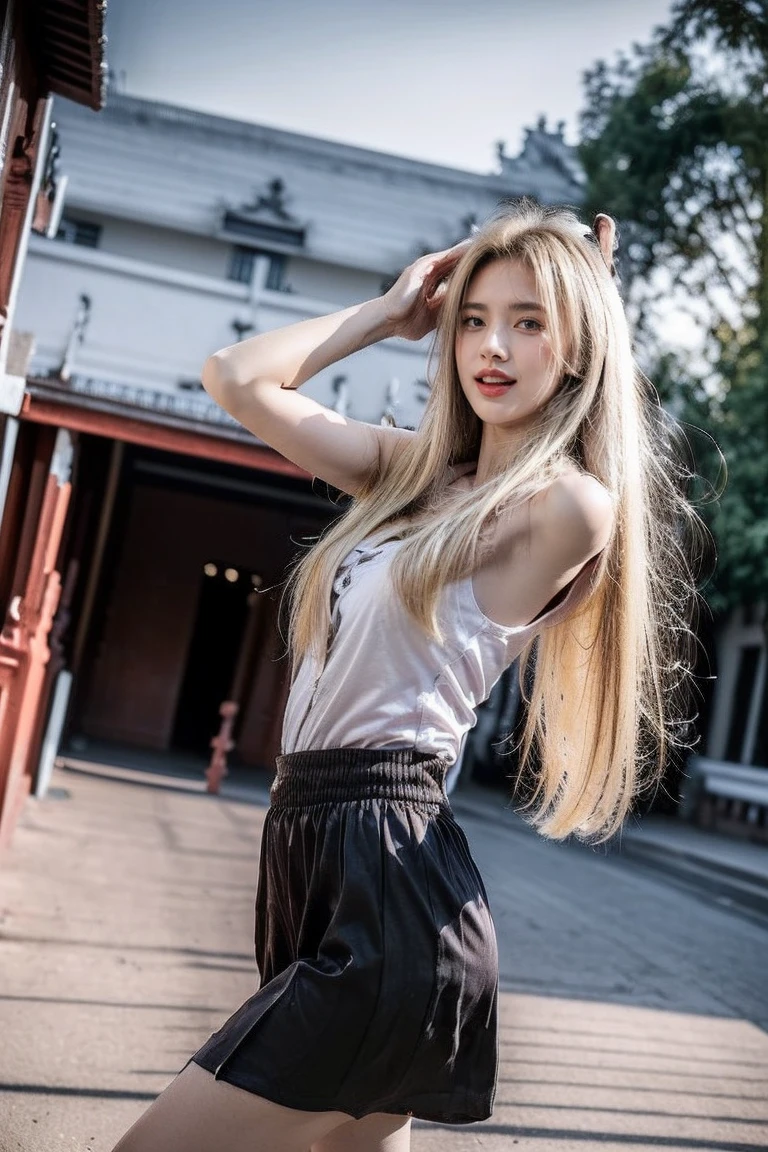 (running hand through hair pose: 1.6), (front view: 1.8), (medium shot: 1.5), RAW UHD photo of a woman, bare shoulder, (winking face: 1.2) (Blonde straight hair: 1.5), (large Breasts: 1.5), (flirty expression: 1.4), (thai school uniform: 1.5), Background is a bed room, sparkling eyes with high detail, (perfect anatomy: 1.5), (night time: 1.5), (romantic scence: 1.5), (harsh light: 1.6), (NSFW: 1.5)