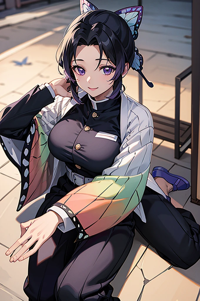 (masterpiece:1.3), (best quality:1.1), (8k, ultra detailed, ultra high res:1.2), ((anime style)), perfect 5 fingers, perfect anatomy, 
1girl,
BREAK short hair, black hair, hair intakes, gradient hair, 
purple eyes, 
bow in hair, butterfly, 
[large breasts], 
BREAK black shirt, black tethered pants, white haori, smile, 
looking at viewer, 
cowboy shot, 
perfect light, outdoors, wariza, sitting, 