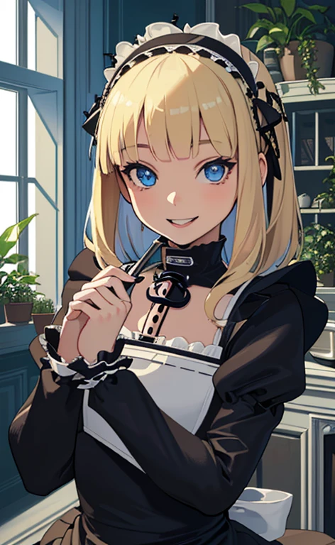 (masterpiece:1.5、Photorealistic:1.4,High Saturation:1.4、high resolution:1.4)、,(spot light:1.2、Exquisite beautiful eye:1.5,)、()、
(kind eyes、tareme:1.4),()、(Cute Face)、(blonde hair:1.5)、(middle hair:1.5),(sidelock :1.6),(blunt bangs:1.3),(1 girl)、(blue eyes:1.2)、(upper body:1.5)、(light smile:1.5),(teeth)、()、() ,(),(flat chest),(),(gothic lolita maid:1.5),(A room full of plants:1.5)、()、()、Slim Body(),Shiny Hair、girl、