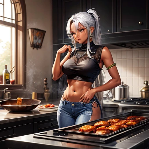 A dark-skinned woman with silver hair in a ponytail, Wearing a black dress shirt and slim jeans, Making spices. Showing your belly button Indian traditional clothing Tandoori kettle Tandoori Chicken