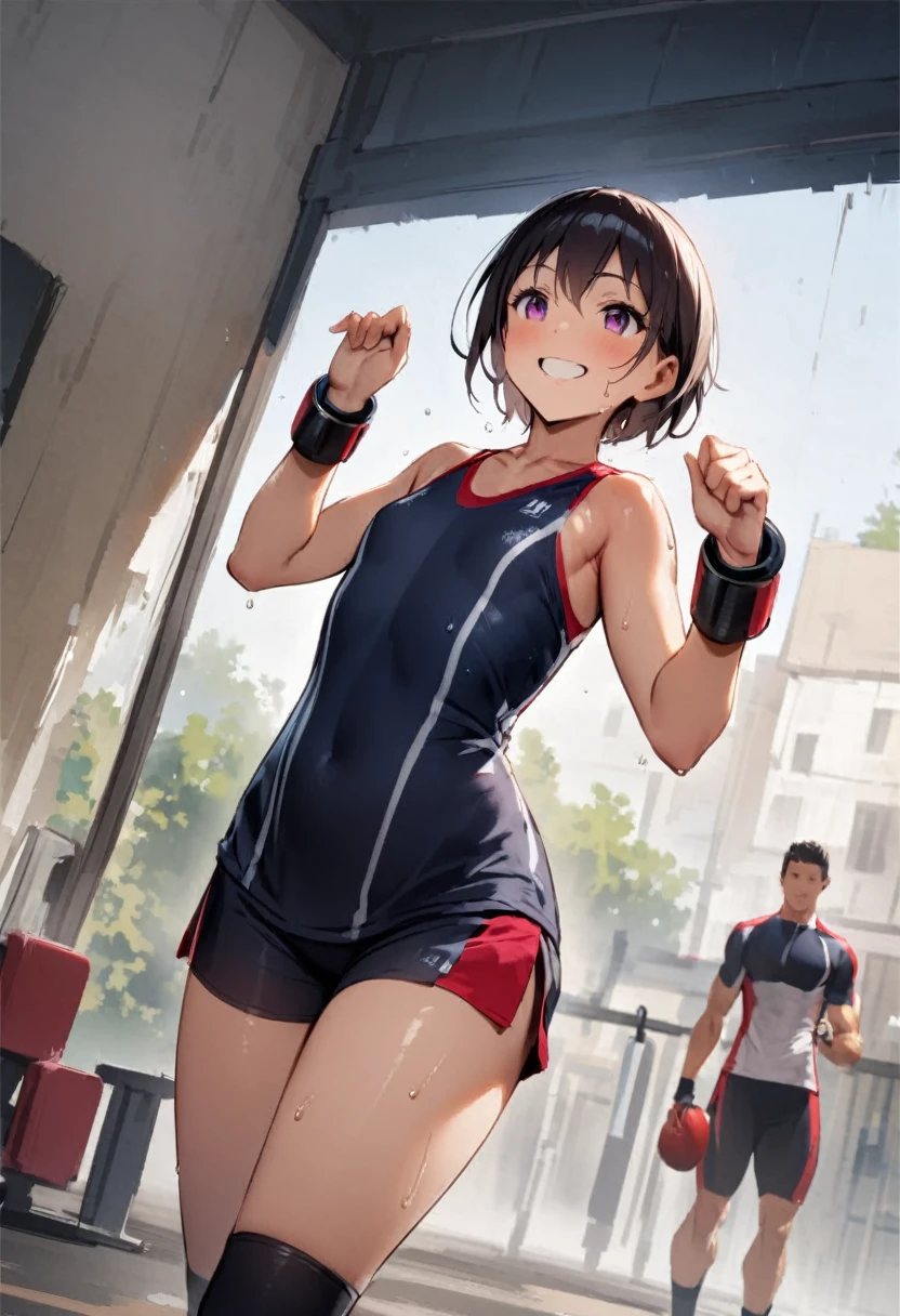 At the gym、exercise、Fitness、spats、training、Girl、Girl、Short、Younger、Lower school year、Baby Face、Both eyes open、flat chest、refreshing、Innocence、smile、Dynamic Angle、Sweat、sports、Equipment