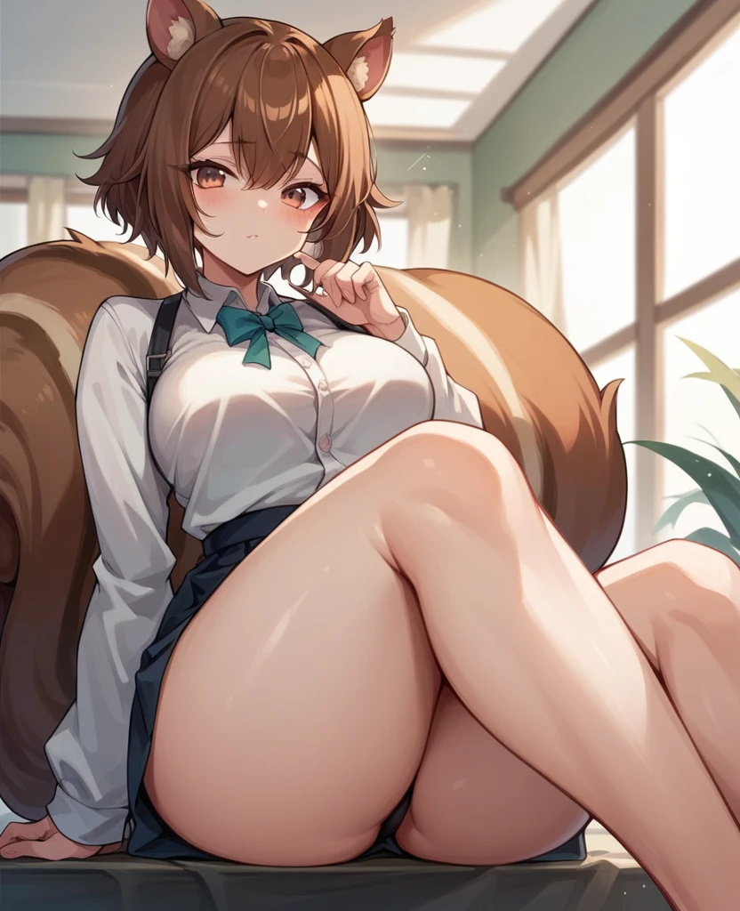 (squirrel girl) (artwork) (White skin) (anime) (Brown hair) (squirrel ears) (squirrel tail) (slim) (semi large thighs)