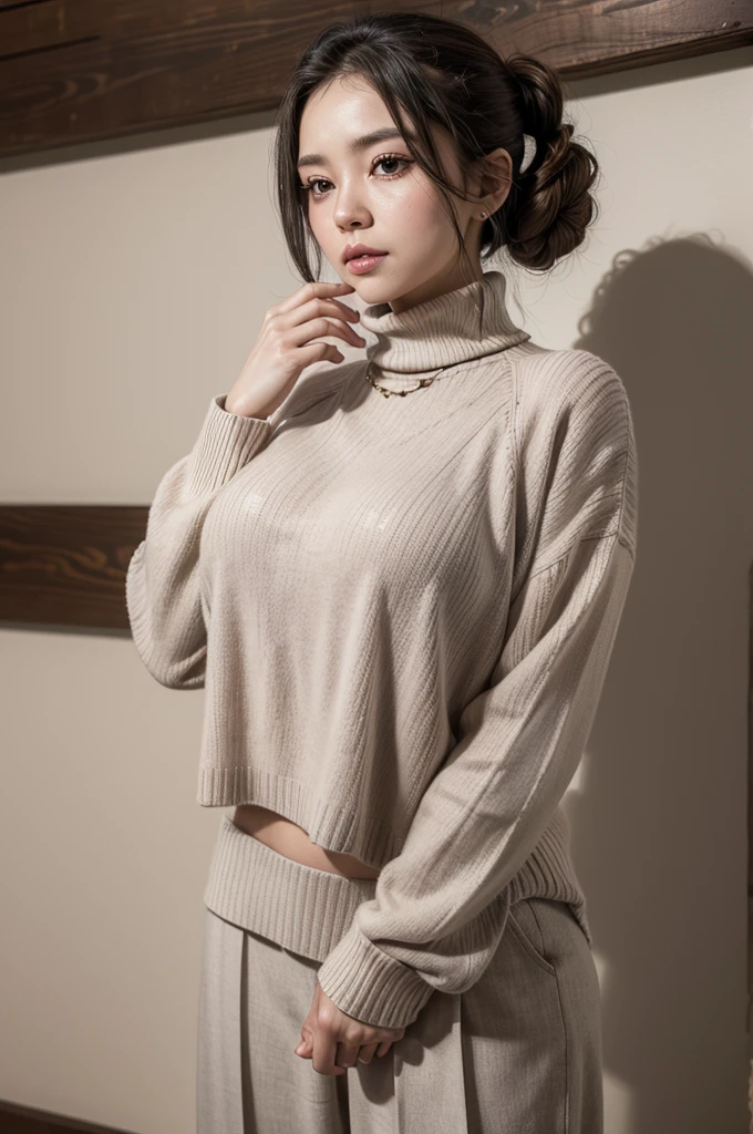 A young Korean woman in a knitted sweater, standing in living room, messy hair, face straight to viewer, sexy pose, seductive expression, sexy face, detailed face, detailed clothing, detailed background, natural lighting, warm colors, beautiful scenery, intricate details, highly detailed, photorealistic, 8k, ((masterpiece)), cinematic, portrait