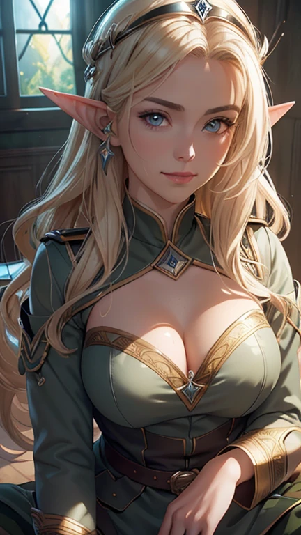 masterpiece, Highest quality, Highly detailed CG Unity 8k wallpaper,((Upper Body)) ,((Upper Body head close-up shot of a beautiful girl)), inorganic bedroom, (Long pointed ears), Elegant long wavy platinum blonde hair, ((Average chest, Self-illuminating skin)), ((Revealing military uniform)), ((Spread your legs)),(Mechanical Circlet), (blush), , (Captivating smile), A cute, symmetrical face, Key Art, Awards, intricate detail realism hdr, Photorealism, Hyperrealism, Ultra-realistic, Dramatic Light, Strong Shadows, Nice views, Depth of written boundary