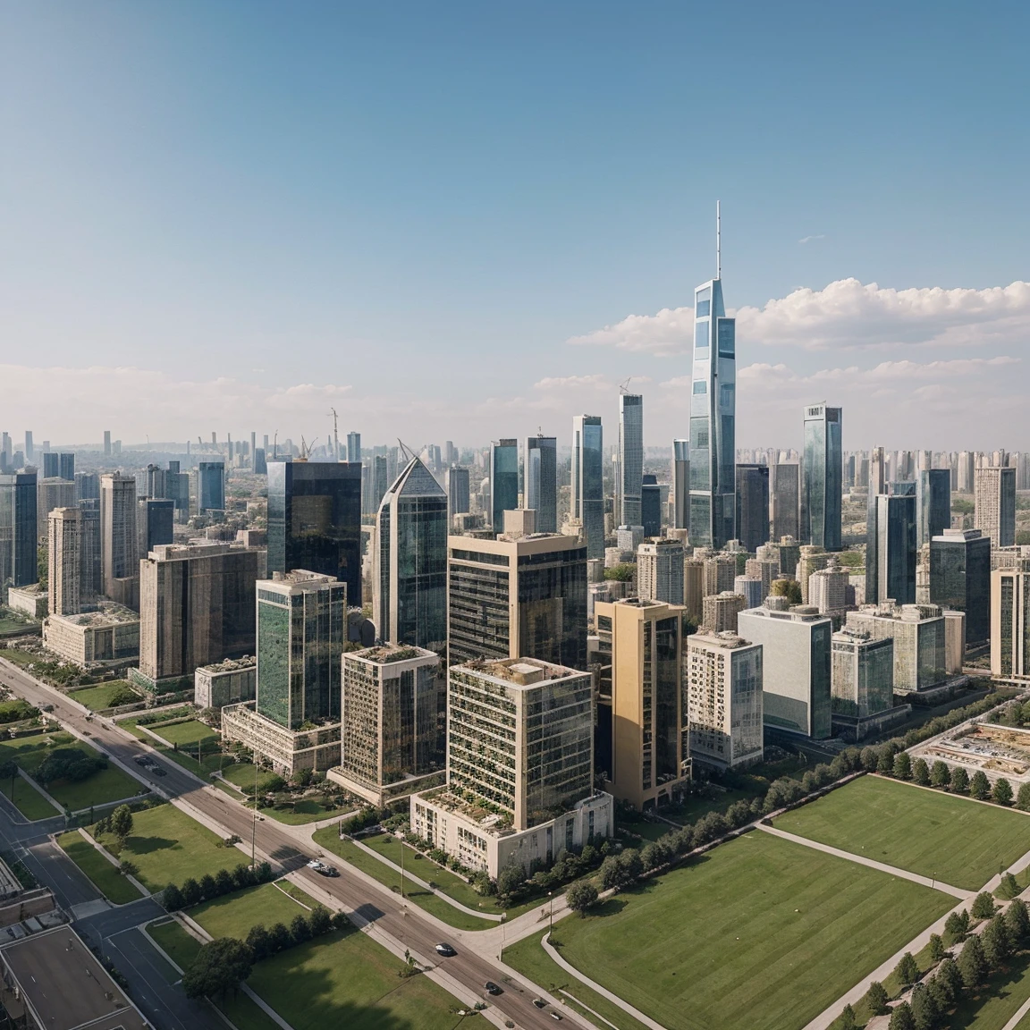 Create an image of an empty grassy plot of land in the center of a modern city. The plot is surrounded by luxurious buildings. To the right of the plot, there are luxury skyscrapers. To the left of the plot, there are more luxury skyscrapers. Behind the plot, there are additional luxury skyscrapers. The perspective is from the sidewalk or street directly in front of the plot, looking straight towards the empty grassy land.