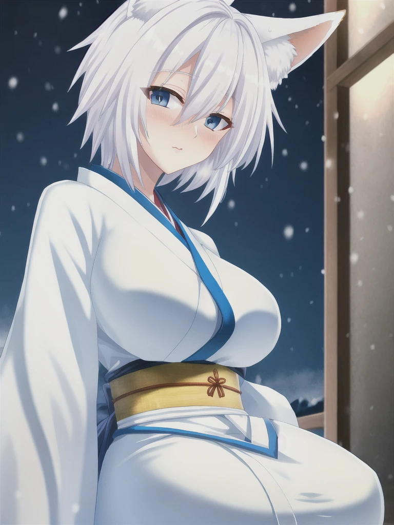 Fox ear, fox tail, white hair, short hair, blue eyes, blush, large breasts, kimono, white kimono, snow, night, looking at viewer,