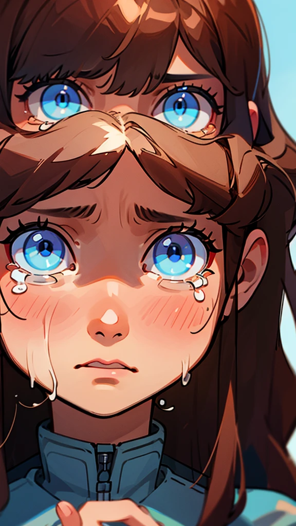 Adult, long brown hair with bangs, blue eyes, crying
