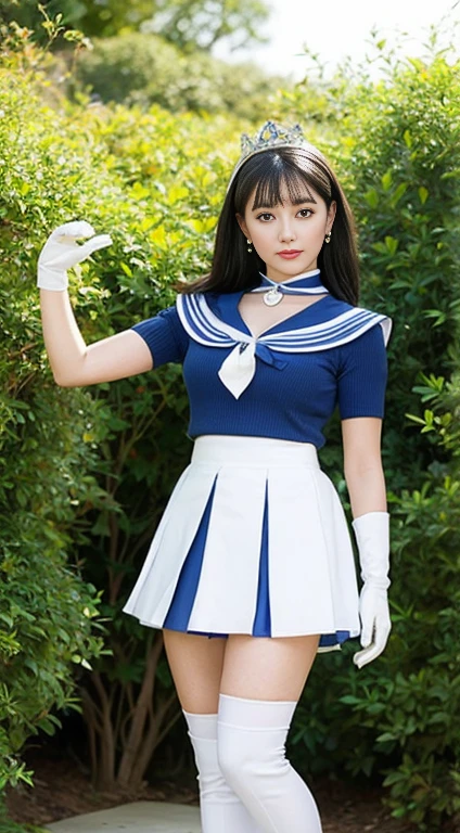masterpiece, highest quality, High resolution, Realistic, Show more1, tiara, Sailor Warrior Uniform, Blue Skirt, Blue sailor collar, tiara, bow, Knee Boots, choker, White gloves, blue choker, elbow gloves, jewelry, Earrings, Pleated skirt, Cowboy Shot, Garden with lots of blue flowers on background, Arms above head, Angle from below, ((Showing panties:1.3))