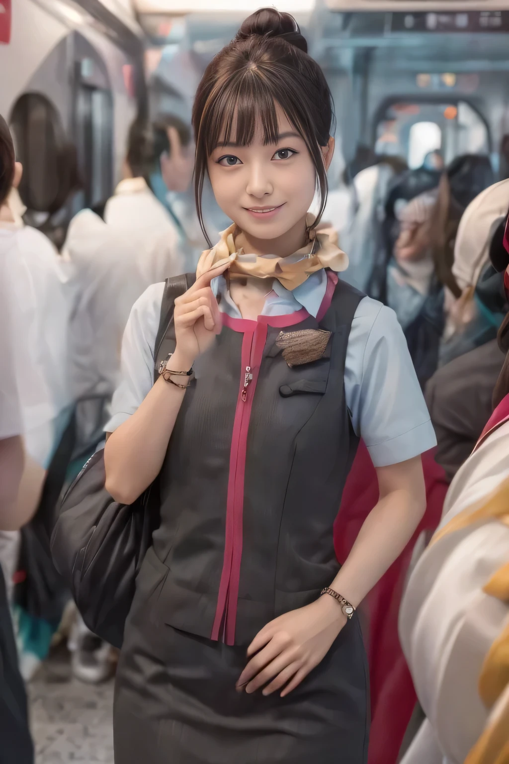 (masterpiece:1.2, Highest quality:1.2), 32k HDR, High resolution, (alone、One girl)、(Ride the bullet train、Professional Lighting)、Background in the car、(Realistic style of JR Gran Class crew uniform)、Short sleeve blouse、a scarf around the neck、(JR Gran Class flight attendant uniform with pink parts on the skirt sleeves)、(The uniform of a flight attendant in JR Gran Class has a pink line on the front zipper of the vest.)、Dark brown hair、(Hair tied up、Hair Bun、Hair Bun)、Dark brown hair、Long Shot、Big Breasts、((Great hands:2.0)),((Harmonious body proportions:1.5)),((Normal limbs:2.0)),((Normal finger:2.0)),((Delicate eyes:2.0)),((Normal eyes:2.0)))、Luxury Necklace、smile、Beautiful standing posture,