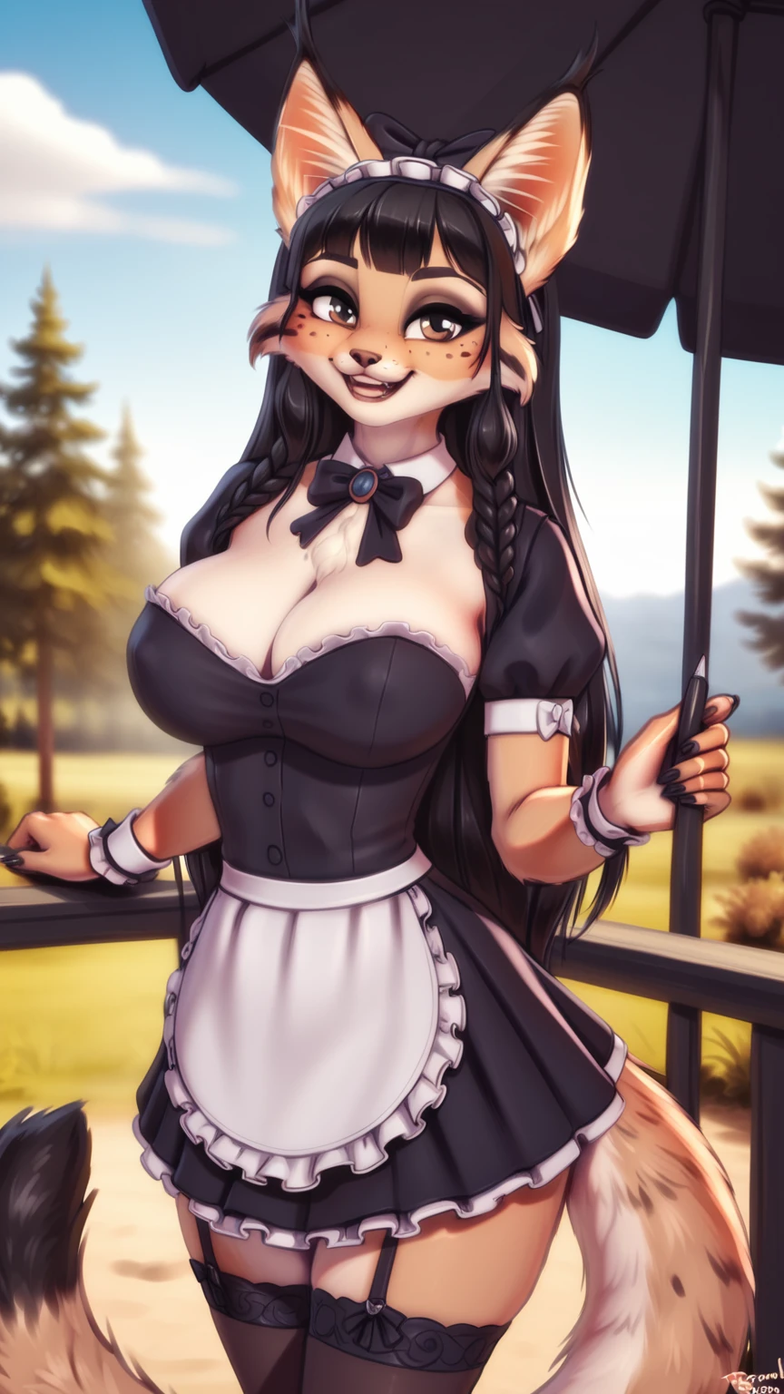 By personalami. solo. Cute slutty seductress furry femboy lynx. Black long hair. Hair bow. slutty seductress smiling. slutty seductress slutty shameless dark Maid dress. Big breasts. shameless anus