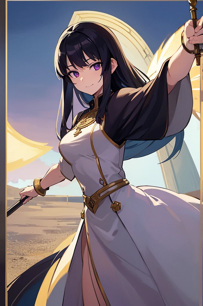 Highest quality, masterpiece, High resolution, alone, (Fire emblem),(FE Heroes_Ayla),Evening sky_background,Young Girl,(smug face),(black_Hair Color), (Straight Long_Hairstyle),4K, masterpiece,, alone, 1,whole body,looking at the camera, White Domaru,(Long sword),(human_ear),(purple_coat)Sharp Eyes,(Full Finger), (Cane_Swing up), (The finer details), (Anatomically correct), (映画のbackground), Hyper Detail, (Subtle details), (Intricate details)