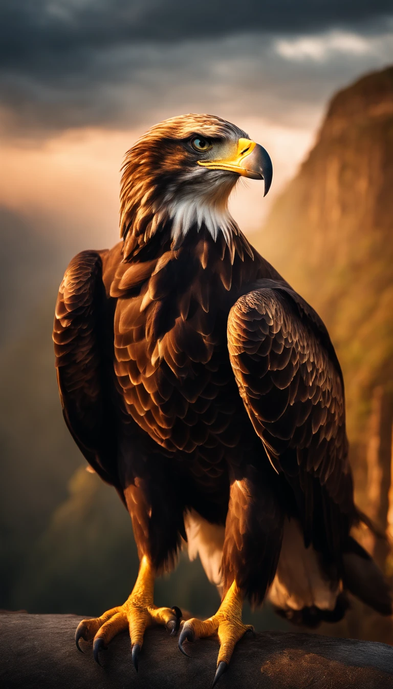 detailed eagle,eagle with flower in beak,waterfall background,photorealistic,cinematic lighting,dramatic composition,vibrant colors,intricate feather details,realistic textures,dramatic sky,mist and fog effects,beautiful golden hour lighting,award winning photography