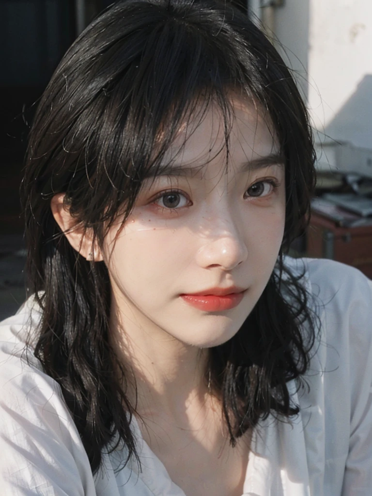 (Skin details:1.4), (smooth skin textures:1.3), Lipstick, background,海滩background， Looking at the audience，earrings, serene, calm, (Realistic and detailed eyes：1.2）, Natural skin texture, Realistic facial details, Soft dramatic lighting, Vivid details, 35 mm film, outdoor, (Photo Practical:1.4), (hyper Practical:1.4), (Practical:1.3), (Smoother lighting:1.05), (Improve lighting quality:0.9), (Highest quality real skin textures:1.4), Exquisite eyes, Delicate face, Close-up of face, (Enhance the beauty of skin texture:1.1), Hair details, Vest，normal body ratio, short hair, Moles under the eyes, thinking, A faint smile,公园background，Portrait Photography, Depth of Field, Bokeh, Surrealism, Ray Tracing, (Portrait Photography:1.1), Surrealism, High Detail, Chiaroscuro, Ray Tracing, reflected light, Ultra HD, Ultra HD, masterpiece, Textured Skin, Super Detail, High Detail, high quality, best quality