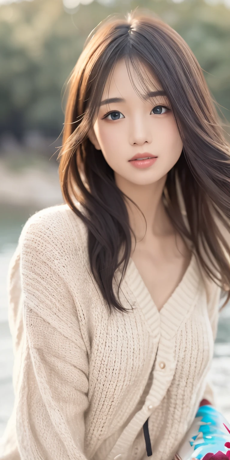 A girl walking along the river, Mix 4, sweater, pillow, lips, Open_mouth, Realistic, photograph_\(Moderate\), alone, Packed_animal, Packed_toy, Teddy_bear,(masterpiece),(photographRealistic:1.3), Super detailed, (Skin with attention to detail:1.2),(Highest quality:1.0), (Ultra-high resolution:1.0), (Urzan-6500:0.3), Wavy fine hair, Long Hair, sunlight, (Beautiful and detailed makeup), (Sexually excited、Blushing、breathing becomes rough:1.0), Flower Theme Petals Scattered, (Flowers with a soft glow:0.5)