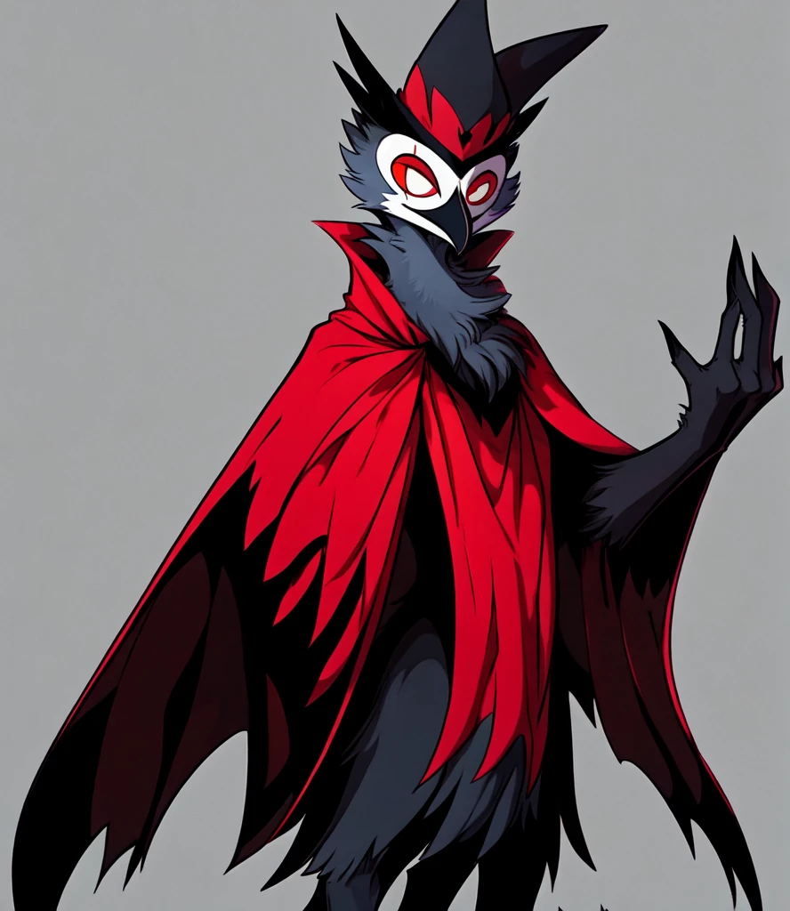 Stolas \(Helluva Boss\), By Haps, black headwear, cape, full body, fur collar, fur trim, gloves, hat, looking at viewer, mask, red cape, red eyes, smile, solo, standing, transparent background