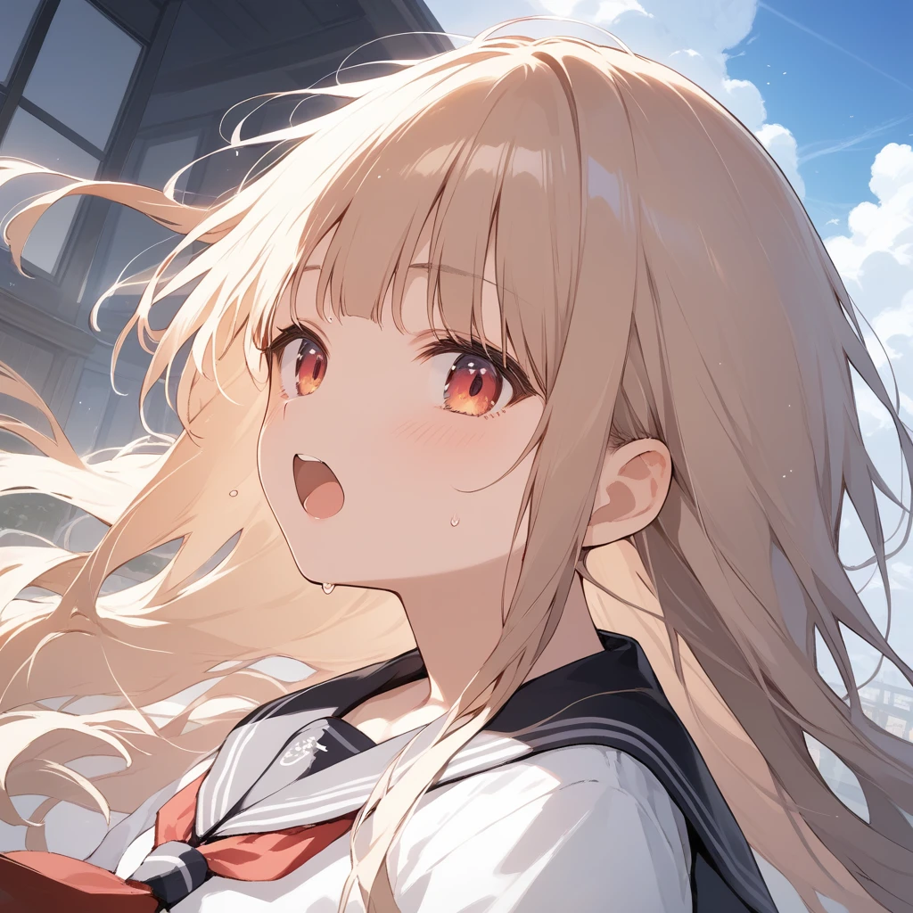 score_9, score_8_up, score_7_up, source_anime, best quality, masterpiece, official art, absurdres, highres, ultra-detailed,waifu2x,Collection: Slice of Life,break,1girl, long hair, straight hair,  blunt bangs, small breasts, beautiful detailed eyes, school_uniform, sweat, open mouth, (yawn:0.3), sleepily, cool, outdoors, wind, break,(clear line illustration:1.2),very high resolution, very aesthetic, super detailed skin, Best sexual lighting powered by famous artist, 8k,cute picture,beauty illustration,photoshop_(medium),,(Detailed Lighting),best anime 8k konachan wallpaper, pixiv contest winner, 