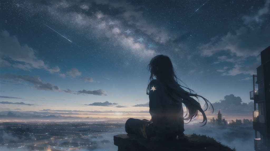 octans, sky, star (sky), scenery, starry sky, night, 1girl, night sky, solo, outdoors, building, cloud, milky way, sitting, tree, long hair, city, silhouette, cityscape