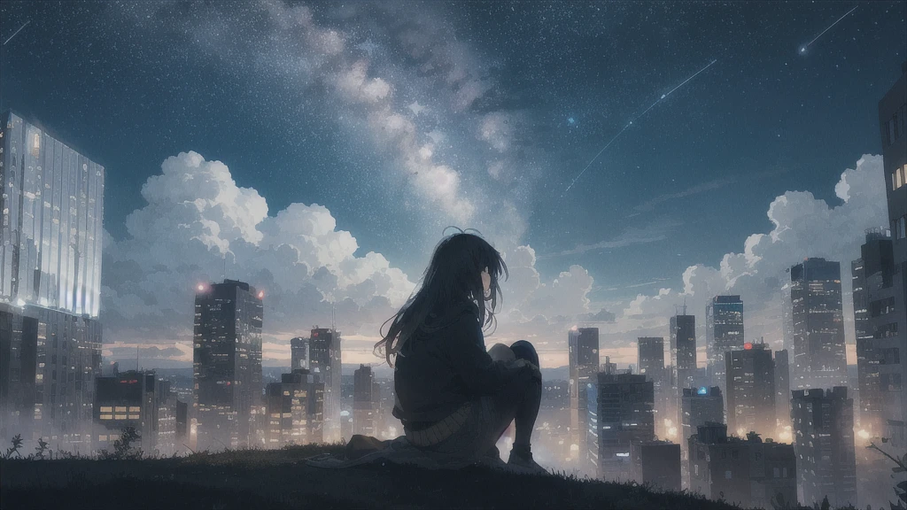 octans, sky, star (sky), scenery, starry sky, night, 1girl, night sky, solo, outdoors, building, cloud, milky way, sitting, tree, long hair, city, silhouette, cityscape