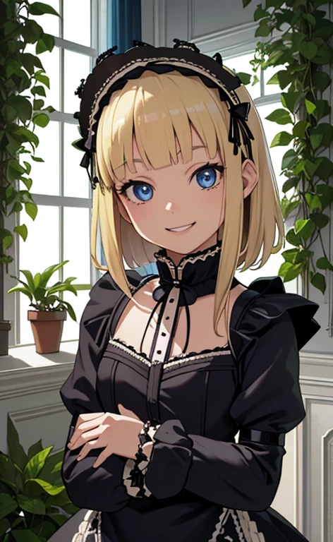 (masterpiece:1.5、Photorealistic:1.4,High Saturation:1.4、high resolution:1.4)、,(spot light:1.2、Exquisite beautiful eye:1.5,)、()、
(kind eyes、tareme:1.4),()、(Cute Face)、(blonde hair:1.5)、(middle hair:1.5),(sidelock :1.6),(blunt bangs:1.3),(1 girl)、(blue eyes:1.2)、(upper body:1.5)、(light smile:1.5),(teeth)、()、() ,(),(small breasts),(),(gothic lolita　maid:1.5),(A room full of plants:1.5)、()、()、Slim Body(),Shiny Hair、girl、