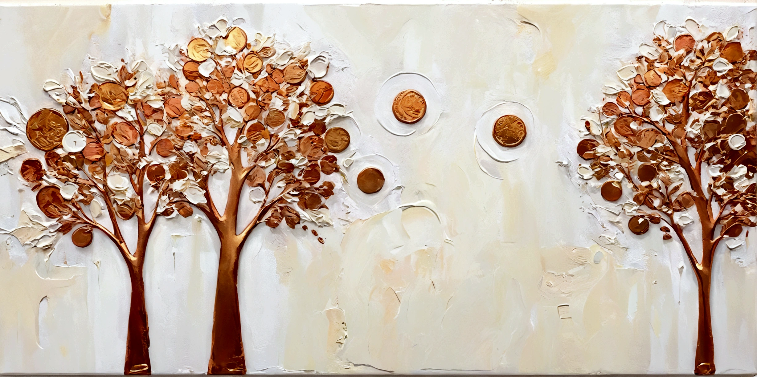 Gilded,Copper Coins,小小的Copper Coins,money tree,vanilla,bright,White background,vanilla,cream,Abstract Art,emotion,emotion,Thick textured paint,