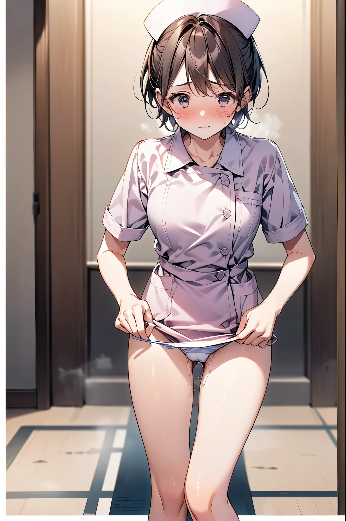 (1 person、alone), Beautiful woman, (Anatomically perfect body, Slender、(nurse、nurse:1.2)、(白いnurseユニフォーム:1.3)、 (Look down), (face down:1.、(Highest quality)、Black Hair, short hair, (hospital)、(8K, High resolution)、(shy:1.4)、small breast, (Thin legs、Small Ass)、(steam:1.1), (embarrassed:1.3)、High definition face、(Pussy juice:1.1), (extra detailed panty), (I'm about to take off my panties.)