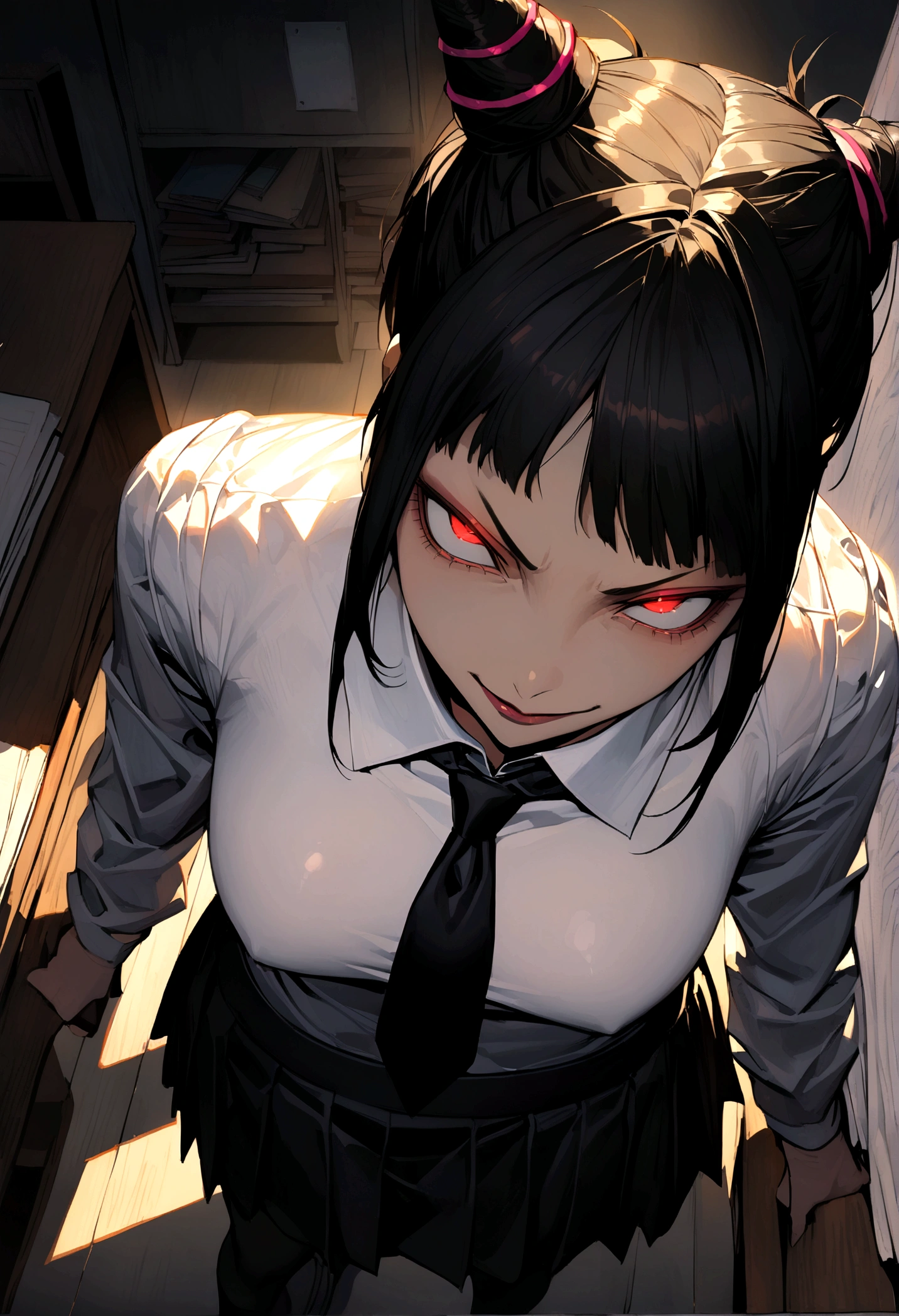 Juri Han, artwork, tight white secretary shirt with black tie, skirt short preta, skirt short,sock, Bblack hair, blackstockings,evil smile,DESK,bangs on the eyes,lighting,horn of hair,from above view,staring overhead
