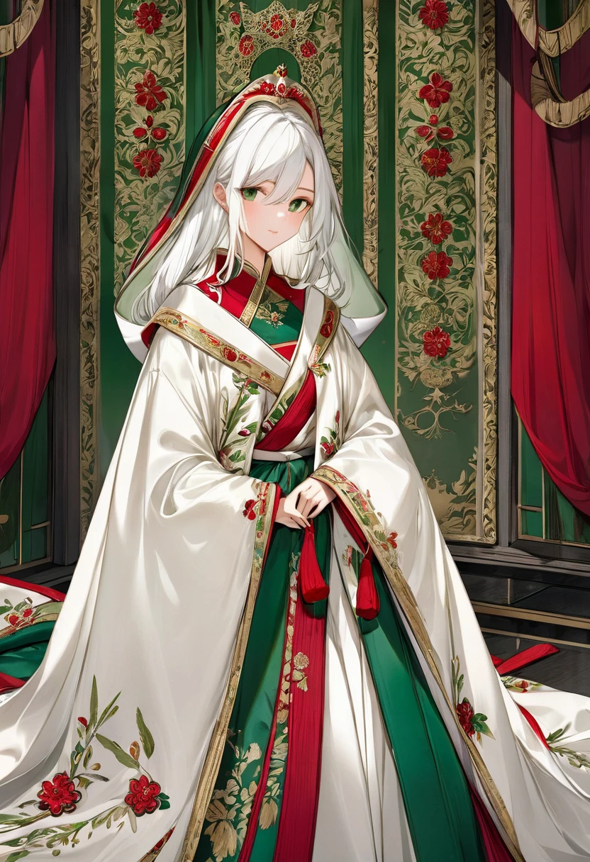 royal looking robes, made of white silk with green and red accents