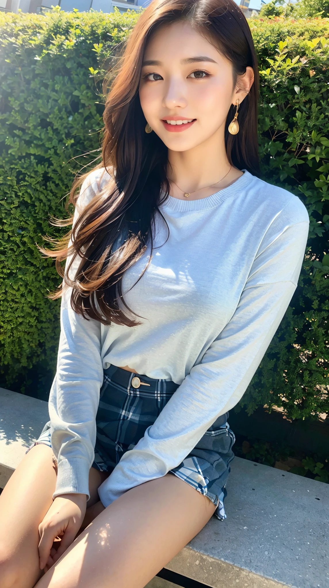 ((top quality, 8K, masterpiece:1.3)), Pretty Woman, 1 woman, chest:1.3, slim body:1.1, black hair, (long sleeve shirt, jeans, sitting on bench:1.1), ((park)), very detailed face, detailed lips, detailed eyes, double eyelid,