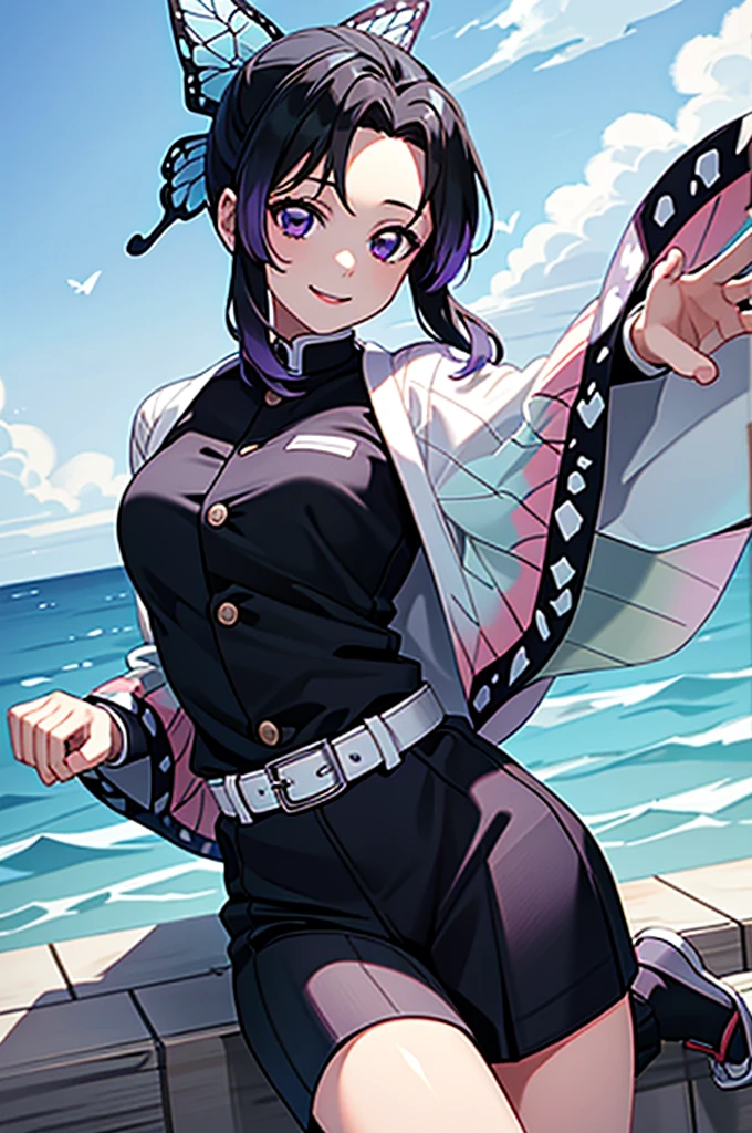 (masterpiece:1.3), (best quality:1.1), (8k, ultra detailed, ultra high res:1.2), ((anime style)), perfect 5 fingers, perfect anatomy, 
1girl,
BREAK short hair, black hair, hair intakes, gradient hair, 
purple eyes, 
bow in hair, butterfly, 
[large breasts], 
BREAK black shirt, black tethered pants, white haori, smile, 
looking at viewer, 
cowboy shot, 
perfect light, outdoors, wariza, sitting, 