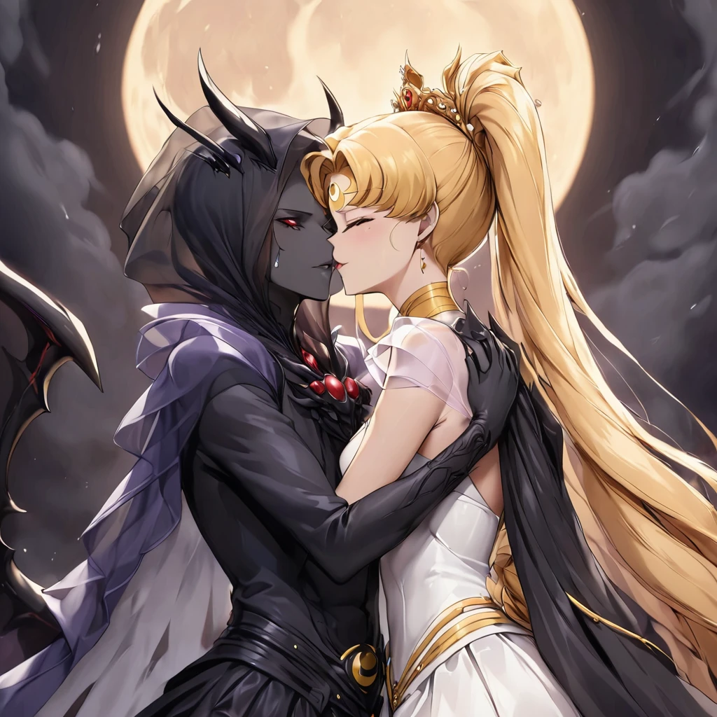 ((Highest quality)), ((masterpiece)), (detailed), （Perfect Face）、Black moon mark on forehead、The woman is Black Serenity, the noble dark queen of the Black Moon clan and has blonde hair.２The woman, Princess Serenity, has long hair tied in a ponytail and is embracing the strong and evil demon king, kissing him and getting married.、The woman has a black inverted crescent moon mark on her forehead, a gorgeous and glittering black gothic Victorian dress, a black veil and a black see-through cape, and is wearing luxurious jeweled accessories. She is the Queen of Darkness, the jet-black Princess Serenity, looking at the camera with a happy expression, and has the expression of a maiden in love.、A woman and a strong, evil demon king embrace each other, kiss each other, and have a wedding ceremony.