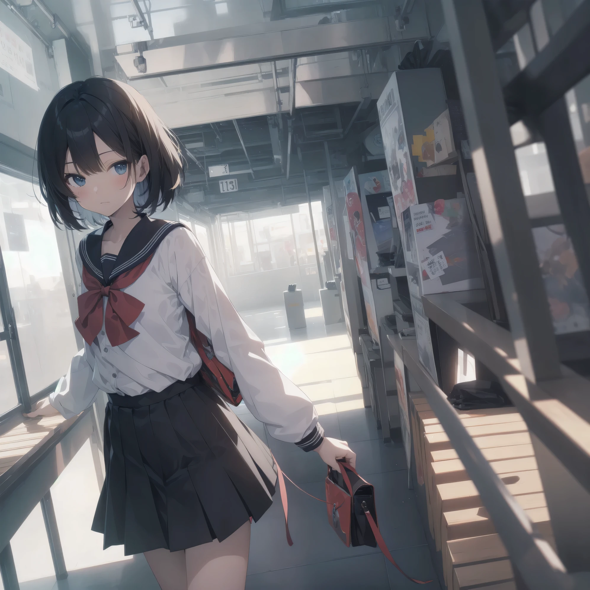 ultra-absurdres-Top quality by artist God, ultra-detailed, high resolution, anime moe artstyle, best anime 8k konachan wallpaper, pixiv contest winner, pool:2810, perfect anatomy,break, 1girl, (Please draw a girl walking sleepily to school alone. )break,(Solo,little female, -yeld:1.Full limbs, complete fingers,a junior hihort hair), short cut, flat chest, , small butt, small black eyes, beautiful detailed eyes, well-proportioned iris and pupils, expressive eyes, highres detailed hair, soft expression, salor school_uniform, sailor collar, serahuku, bow, pleated skirt,(Detailed Lighting), (Detailed background), in the School commute route. break,super detailed skin, Best cinematic lighting powered by famous artist, 8k,beauty illustration,photoshop_(medium),very aesthetic,break,((artist:toosaka_asagi )), artist:clamp ,artist:carnelian ,artist:kantoku ,