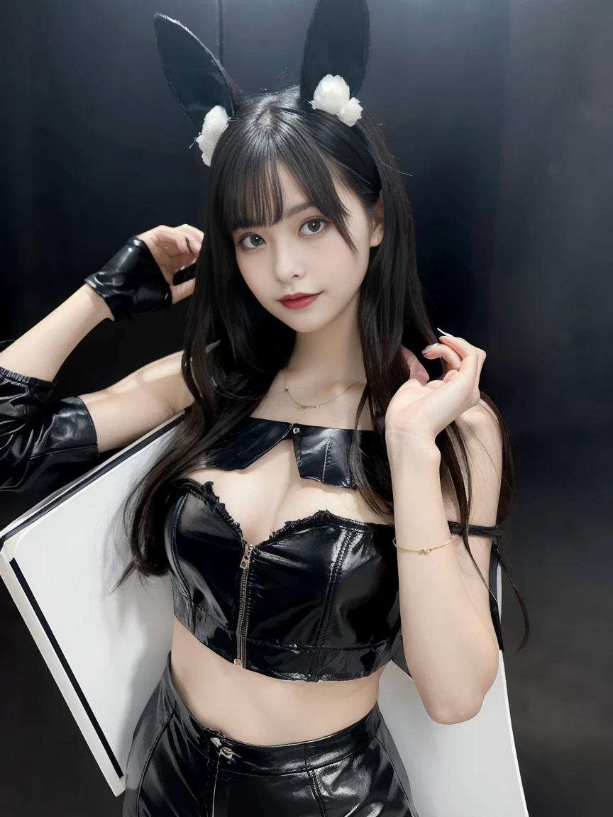 Create a portrait of a beautiful woman with medium black hair, wearing black bunny ears and a black leather outfit. (She is holding a board with "100 Followers" written on it)
