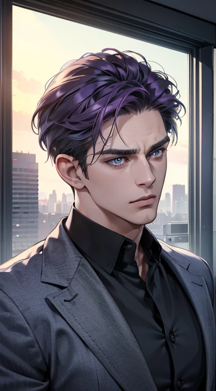 (best quality, masterpiece, 8K, photorealistic, cinematic lighting, hdr image, ultra detailed, beautiful image), 1 man, 31 years old, mature man, very handsome, (without expression, serious), short purple hair, blue grey eyes ( penetrating gaze), perfect face without errors, imposing posture, without errors, businessman, office background