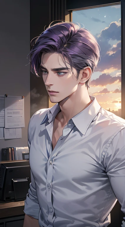 (best quality, masterpiece, 8K, photorealistic, cinematic lighting, hdr image, ultra detailed, beautiful image), 1 man, 31 years old, mature man, very handsome, (without expression, serious), short purple hair, blue grey eyes ( penetrating gaze), perfect face without errors, imposing posture, without errors, businessman, office background
