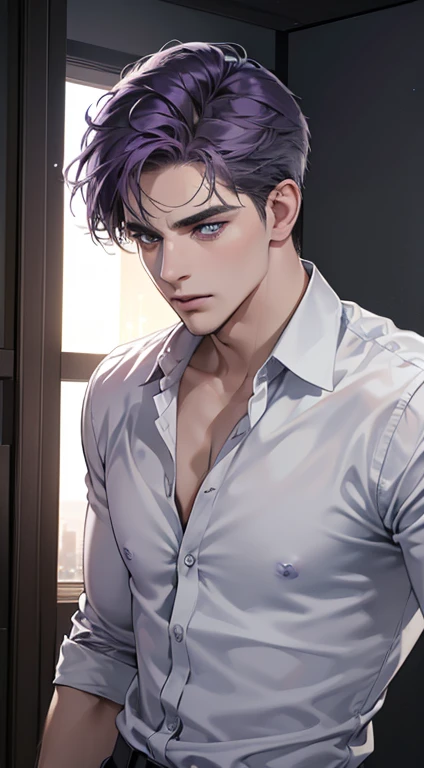 "Handsome man, tall and muscular. Face without beard, purple eyes, white comma hair, thick reddish lips."