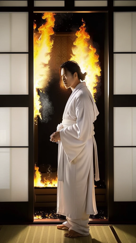 (A handsome warlord who looks like a model:1.4)、50 years old、(beautifully<The serious face of Oda Nobunaga:1.4)、(Honnoji no hen:1.4)、Samurai、(Demonic face:1.4)、(White robes:1.4)、血のりのついたWhite robes、knifeを持Zwつ、 alone, Long Hair, One handsome warlord, ponytail, Male Focus, Redhead, White kimono, White kimono, scar, knife, (A large Japanese-style room engulfed in flames、tatami、Sliding doors、Shoji screen:1.4)、(Honnoji no henのシーン:1.2)、 (Upper Body:1.4)、(Front facing:1.5)