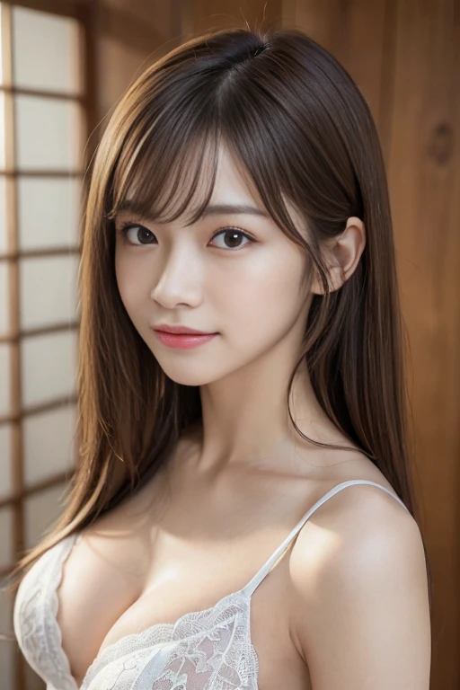 (​masterpiece:1.3), (8K, Photorealsitic, Raw photography, Top image quality: 1.4), 1 Japan  Girl、hair messy, asymmetrical bangs, light brown hair、cleavage of the breast:1.2、Super Detail Face、Eye of Detail、double eyelid、Bring your chest together、sharp focus:1.2、prety woman:1.4、light brown hair、top-quality、​masterpiece、超A high resolution、(Photorealsitic:1.4)、Highly detailed and professional lighting smile、slender、Armpits, Sweat, girl、Fatal position、Nogizaka Idol、Korean Idol、hposing Gravure Idol、actress、25-years old、tall, Glamour、flank、