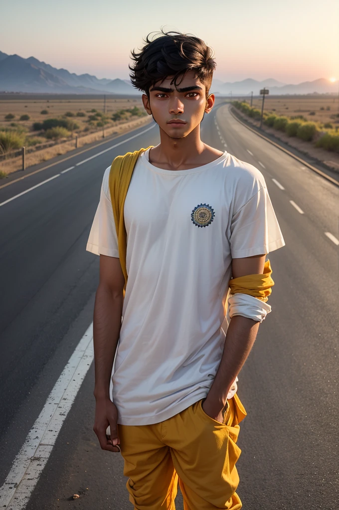 realistic image of a 20 year old indian man, standing position on the road looking at the horizon with a fixed gaze, beautiful view with a yellowish look