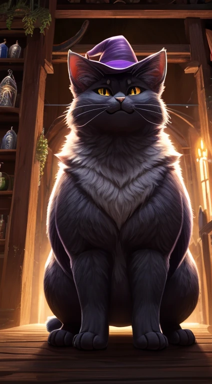 top quality, best quality, super high resolution, detailed background(highly detailed beautiful face and eyes)absurdres, perfect anatomy((smug 1cat, feral, solo focus, fat cat))(four-legged:1.7)((((feral body, feline facial features, feline body features))))((very detailed body fur))full body(dignified), witch, smug, witch shop, fat, gigantic, volumetric lighting, depth of field, looking down at viewer, hungry, from below,  big cat,feral body,fat feral, four legs, not bipedal, feral cat, fat, fat belly, fat thighs, fat legs, fat face, lovehandles, golden eyes, black fur, white neck fur, white chest fur, no hair, sharp teeth, wearing purple witch hat, inside witch shop, (((masterpiece,best quality,ultra-detailed))),1cat,solo,detailed face,yiff,(((Three-point lighting,,dark color background))),((golden eyes,solid eyes)),(smirking,Gradient,from below:1.236),feral cat, fat, fat belly, fat thighs, fat arms, lovehandles, golden eyes