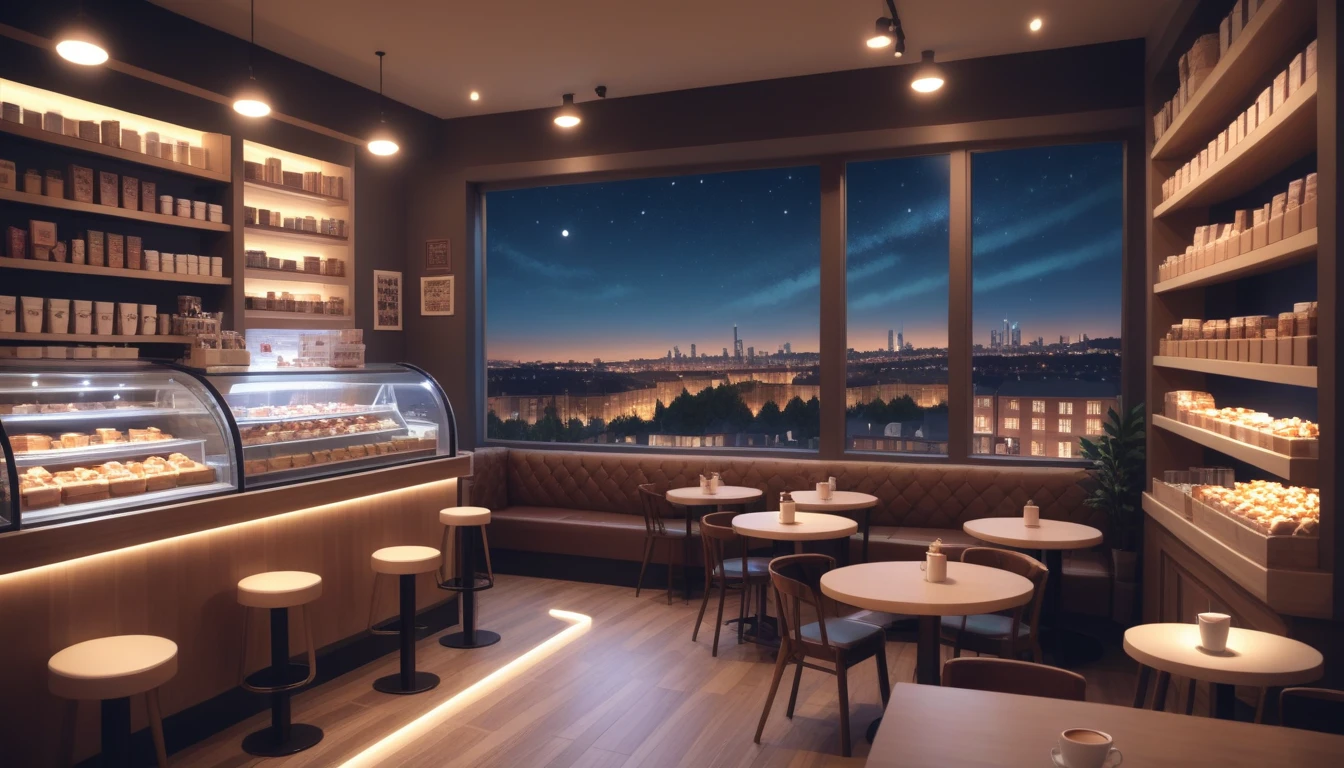 a cozy night time at a coffe interior with cozy lighting and sweets in the shelves. There are coffee cups in the tables. There is a big window in the middle of the coffeeshop and the outside view is a city