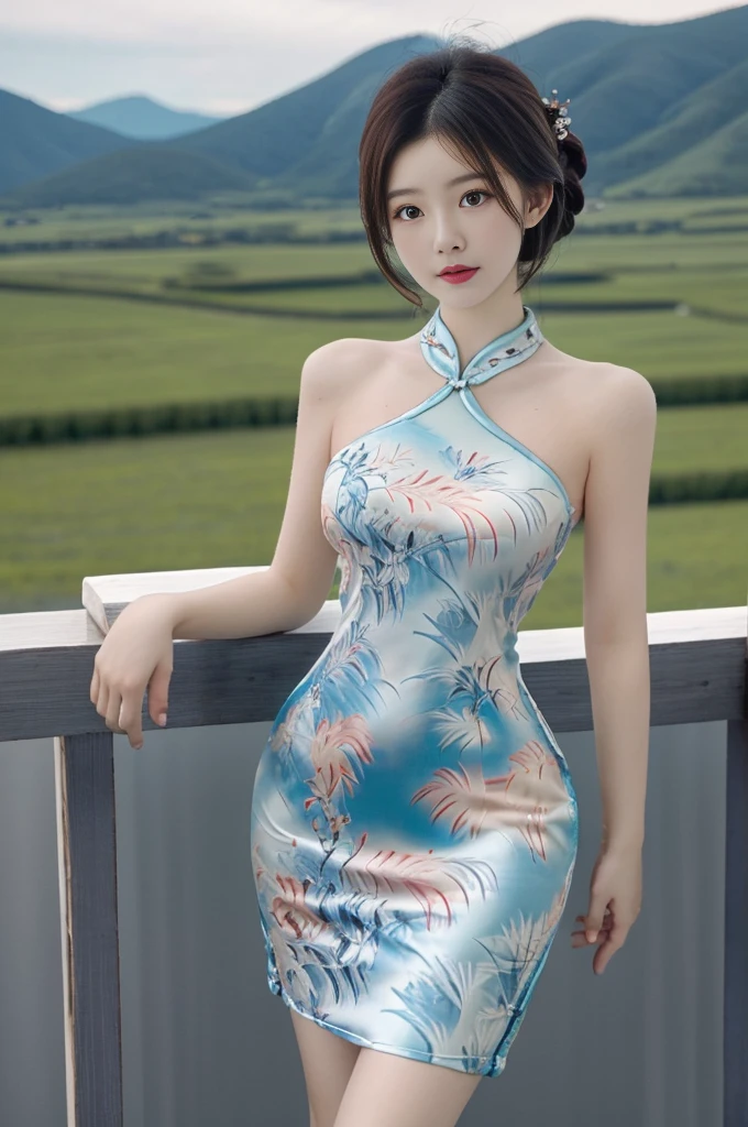 best quality,Human Development Report,Ultra HD,8K,Bright colors,Solitary,photo_,(1 Girl:1.3),(permanent:1.3),(Looking at the audience:1.4),elegant,detailed gorgeous face,(Cowboy shooting:1.2),(Mountain Background:1.2),rc,cheongsam,