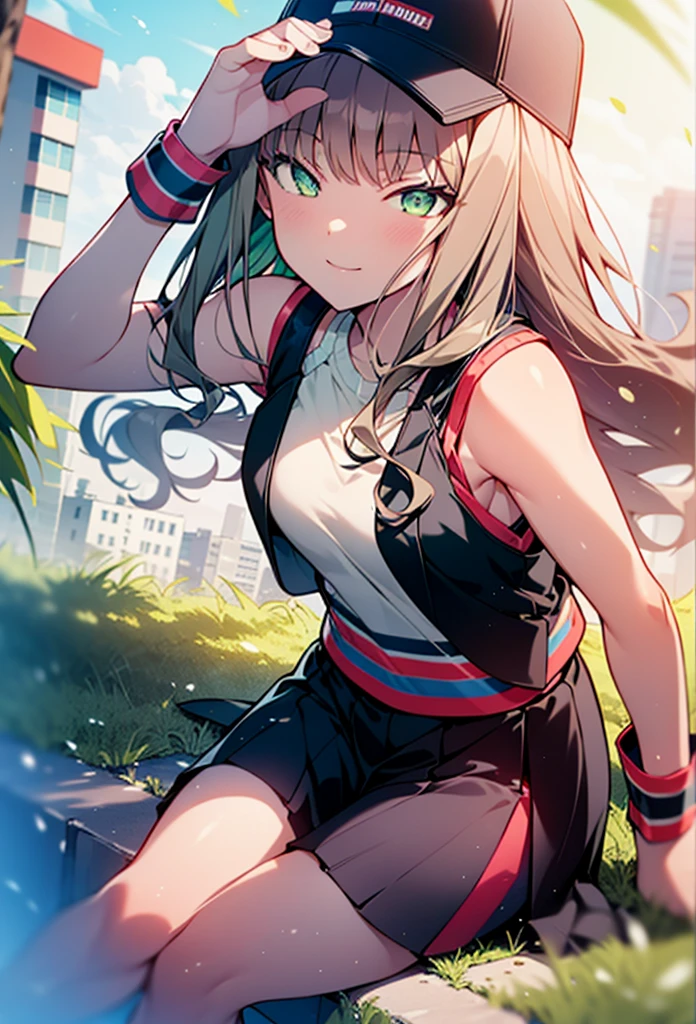 minami yume ,sss Dynazenon ,Long Hair, Brown Hair, (Green Eyes:1.5) ,blush,smile,hair band,Sleeveless shirt,Baseball cap,Long skirt,sneakers,Daytime,Clear skies,Walking,whole bodyがイラストに入るように, break looking at viewer, whole body, break outdoors ,Building district, break (masterpiece:1.2), Highest quality, High resolution, unity 8k wallpaper, (shape:0.8), (Beautiful and beautiful eyes:1.6), Highly detailed face, Perfect lighting, Extremely detailed CG, (Perfect hands, Perfect Anatomy),