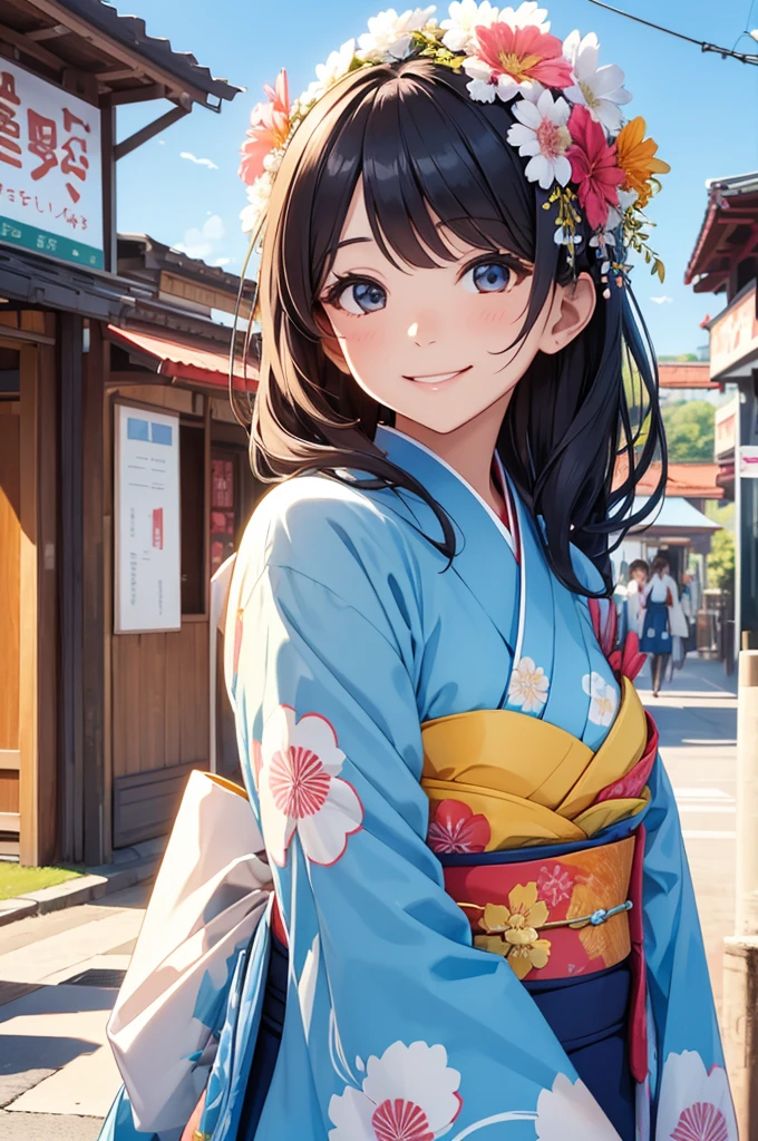 A beautiful smiling woman in a kimono greets people with a cheerful "Good morning" as her arms open under the blue sky