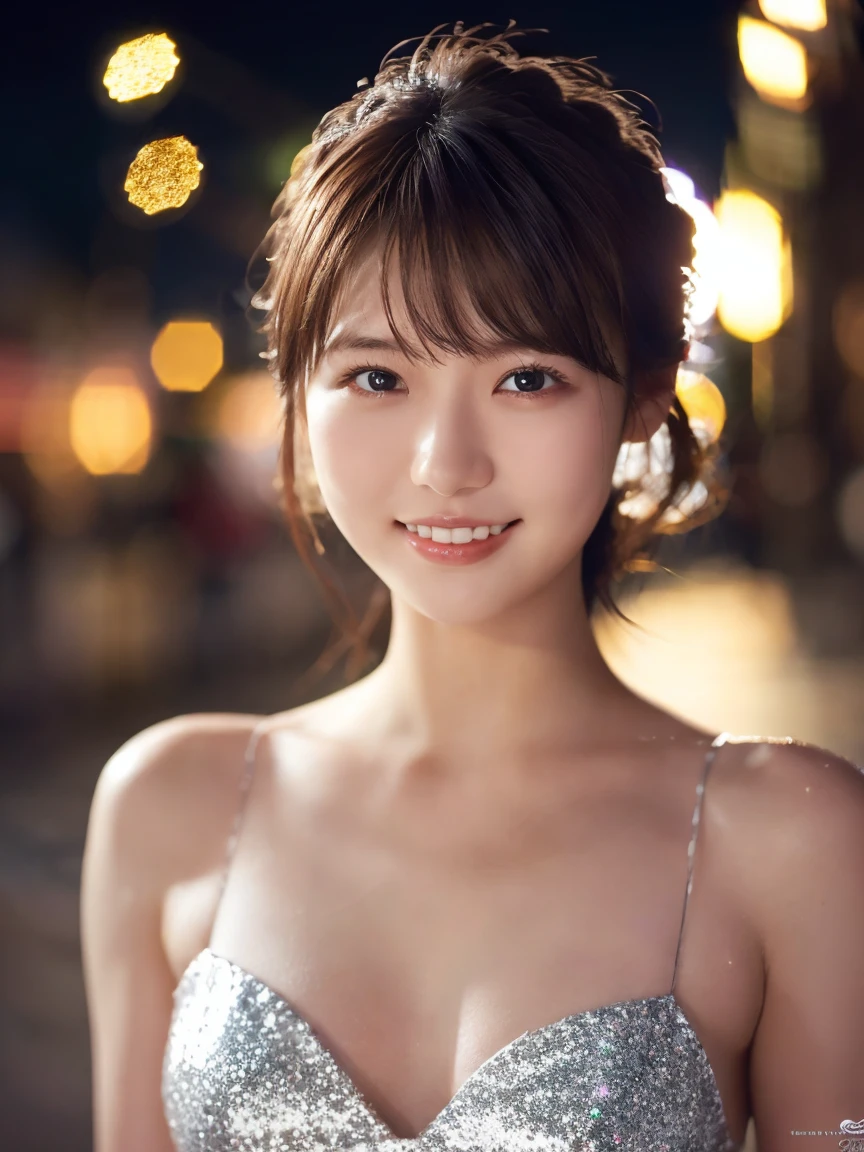 1 Girl, (Wearing a white glitter dress:1.2), (RAW Photos, Highest quality), (Realistic, Photorealistic:1.4), Tabletop, Very delicate and beautiful, Very detailed, 2k wallpaper, wonderful, finely, Very detailed CG Unity 8K 壁紙, Very detailedな, High resolution, Soft Light, Beautiful detailed girl, Very detailed目と顔, Beautiful and detailed nose, finelyて美しい目, Cinema Lighting, City lights at night, Perfect Anatomy, Slender body, smile