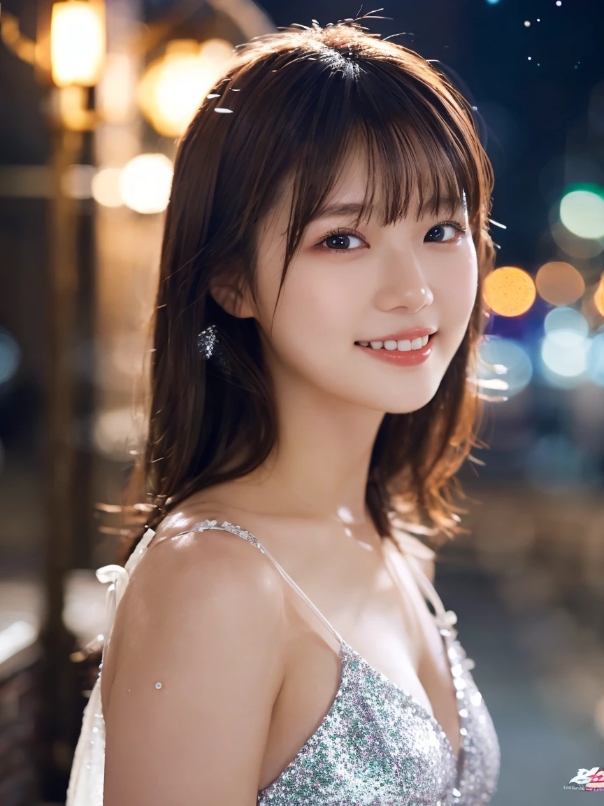 1 Girl, (Wearing a white glitter dress:1.2), (RAW Photos, Highest quality), (Realistic, Photorealistic:1.4), Tabletop, Very delicate and beautiful, Very detailed, 2k wallpaper, wonderful, finely, Very detailed CG Unity 8K 壁紙, Very detailedな, High resolution, Soft Light, Beautiful detailed girl, Very detailed目と顔, Beautiful and detailed nose, finelyて美しい目, Cinema Lighting, City lights at night, Perfect Anatomy, Slender body, smile