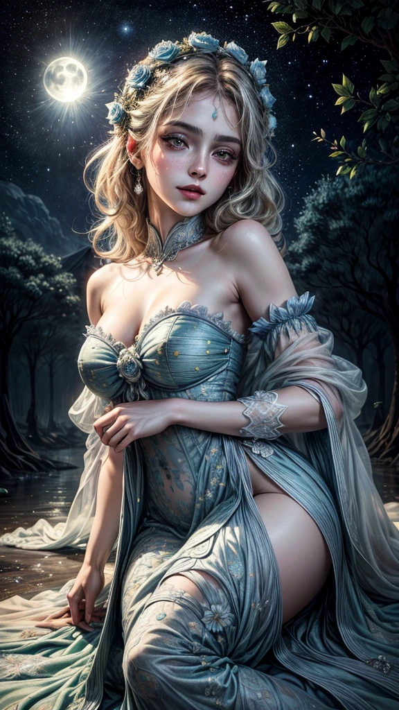 cara detallada, well-defined beautiful girl close-up, full body, slight smile, filigree, ultra highly detailed, mannerism, surrealism digital painting, by Marc Todd, Nicoletta Ceccoli, Ray Caesar, WLOP, close up half water transparent luminous nymph half blue rose, swirling blue rose vines, trees big blue closed rose flowers, moon, moonlight, detailed night sky with stars and clouds, lavish green leaves, garden, blossoming, stars, sparks, Van Gogh starry sky, celestial glowing, glowing aura, mystical, water drops, highly detailed, intricated, intricated pose, complex background, oil painting, thick strokes, mannerism, vibrant colors, masterpiece, high quality, 32k, best quality, vestido transparente sexi, senos pequeños, panti transparente, ojos dorados, pose sensual, pesones rosados, mostrando vagina, dama semi desnuda,